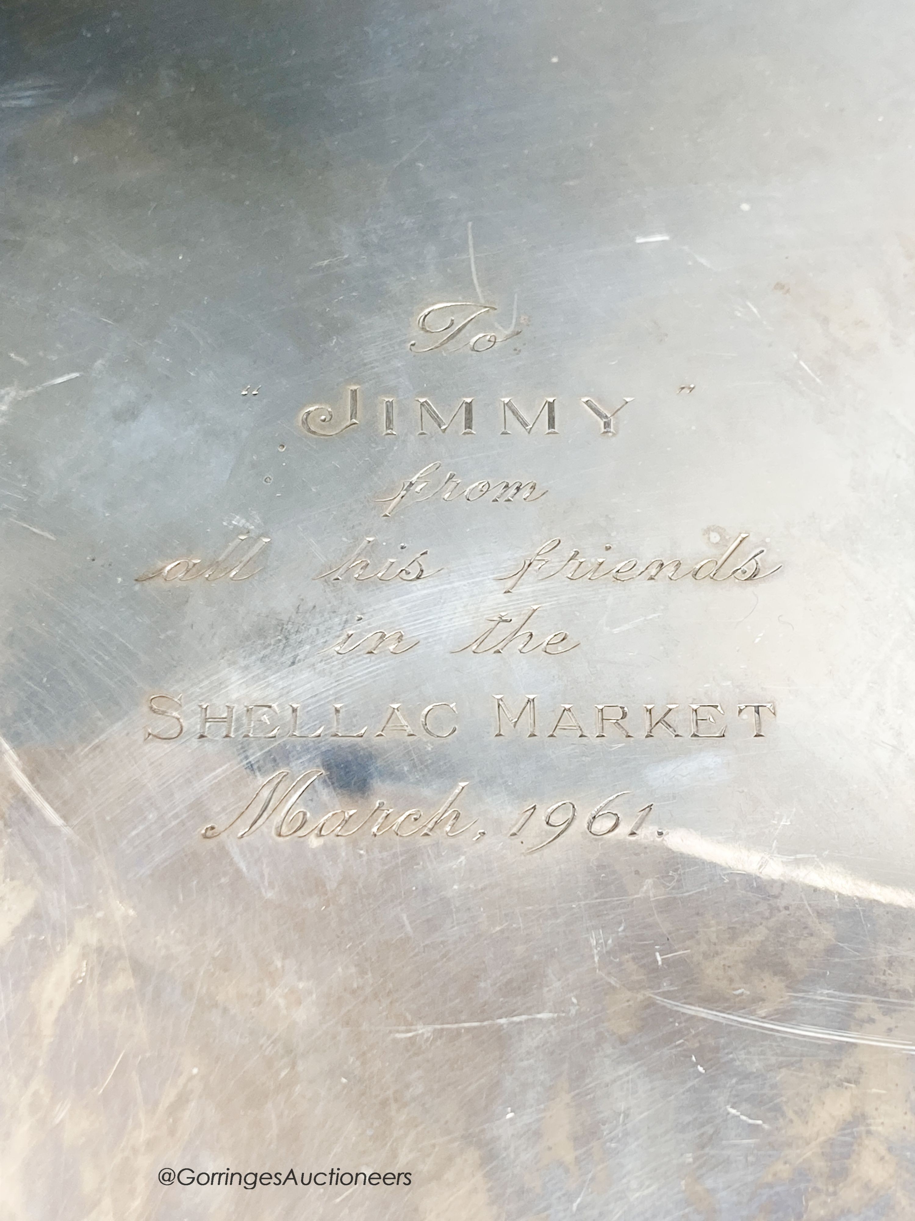 A 1960's silver circular salver with engraved inscription, Sheffield, 1960, 37cm, 38oz.